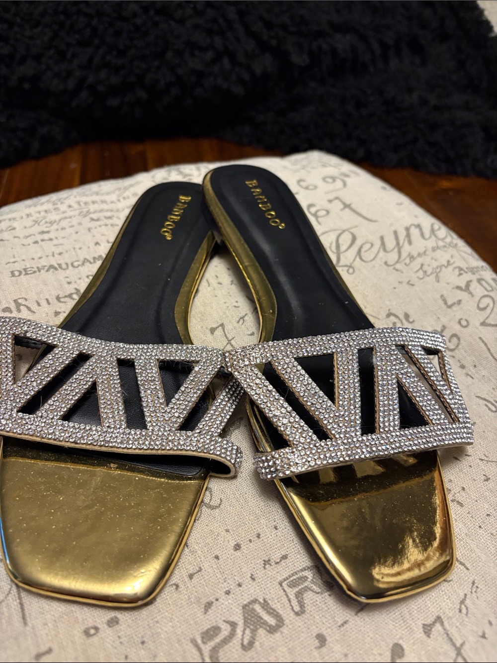 BAMBOO Gold Slide Mules with Silver Rhinestone Strap